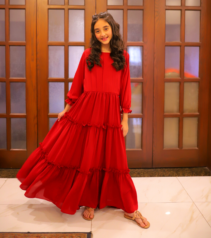 Girls Plane Georgette Red Maxi